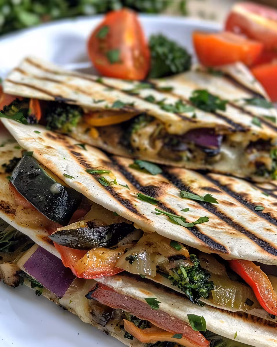 Prepared ingredients for roasted veggie quesadilla including sliced peppers, onions, and spices