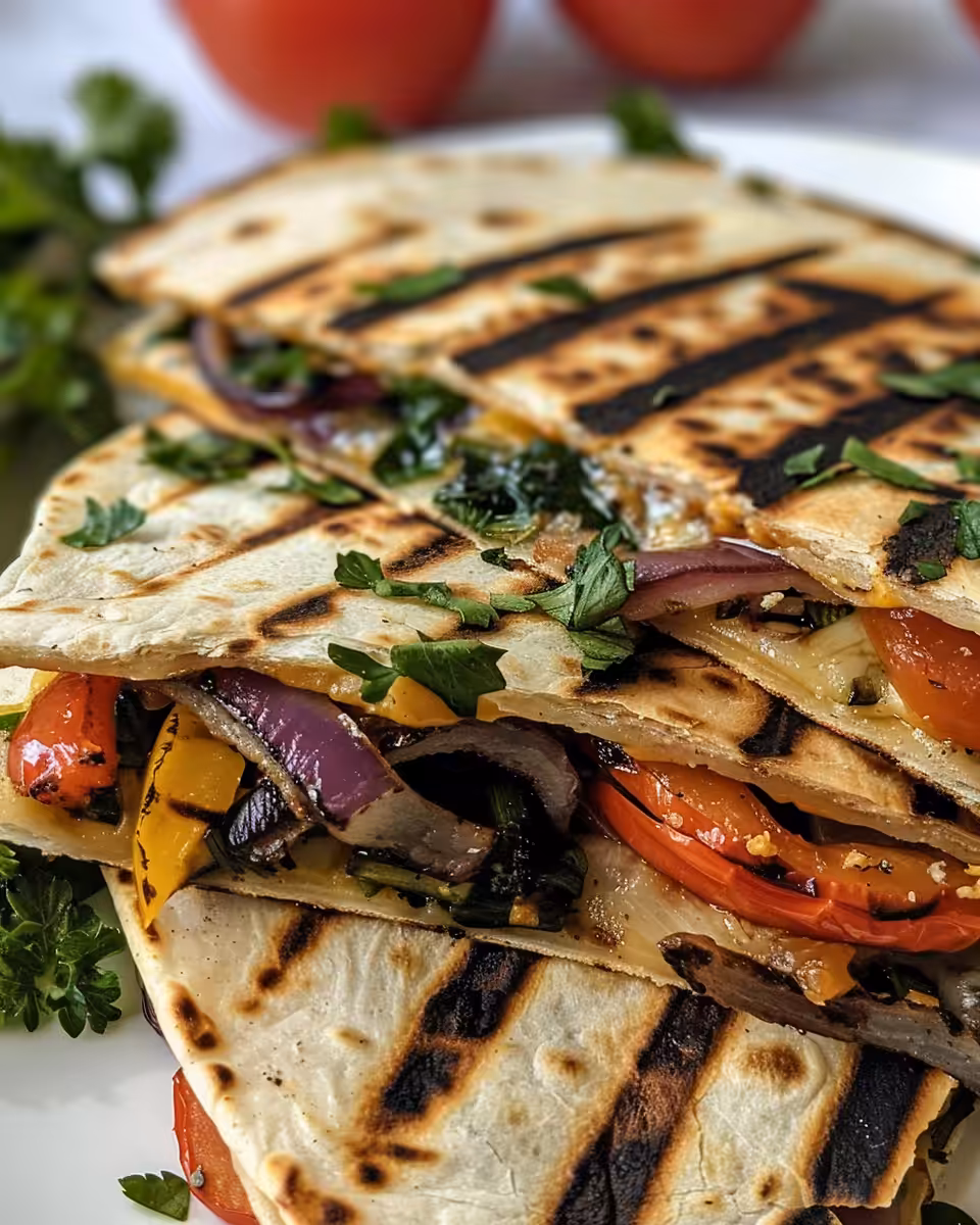 Golden brown crispy skillet-cooked quesadilla wedges filled with roasted veggies and melted cheese