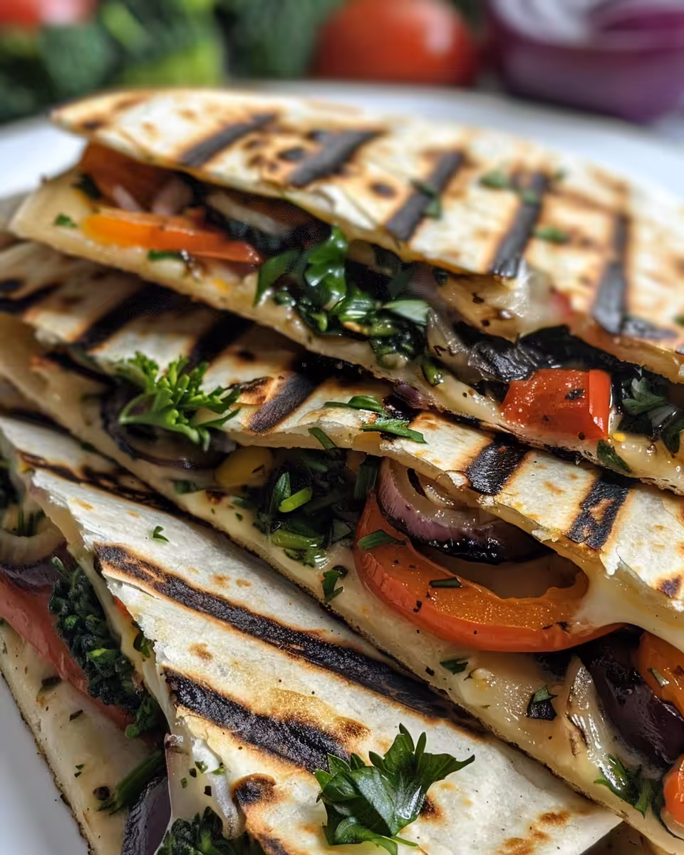 Close-up view of grilled Mediterranean veggie quesadillas with melted cheese and vibrant roasted vegetables