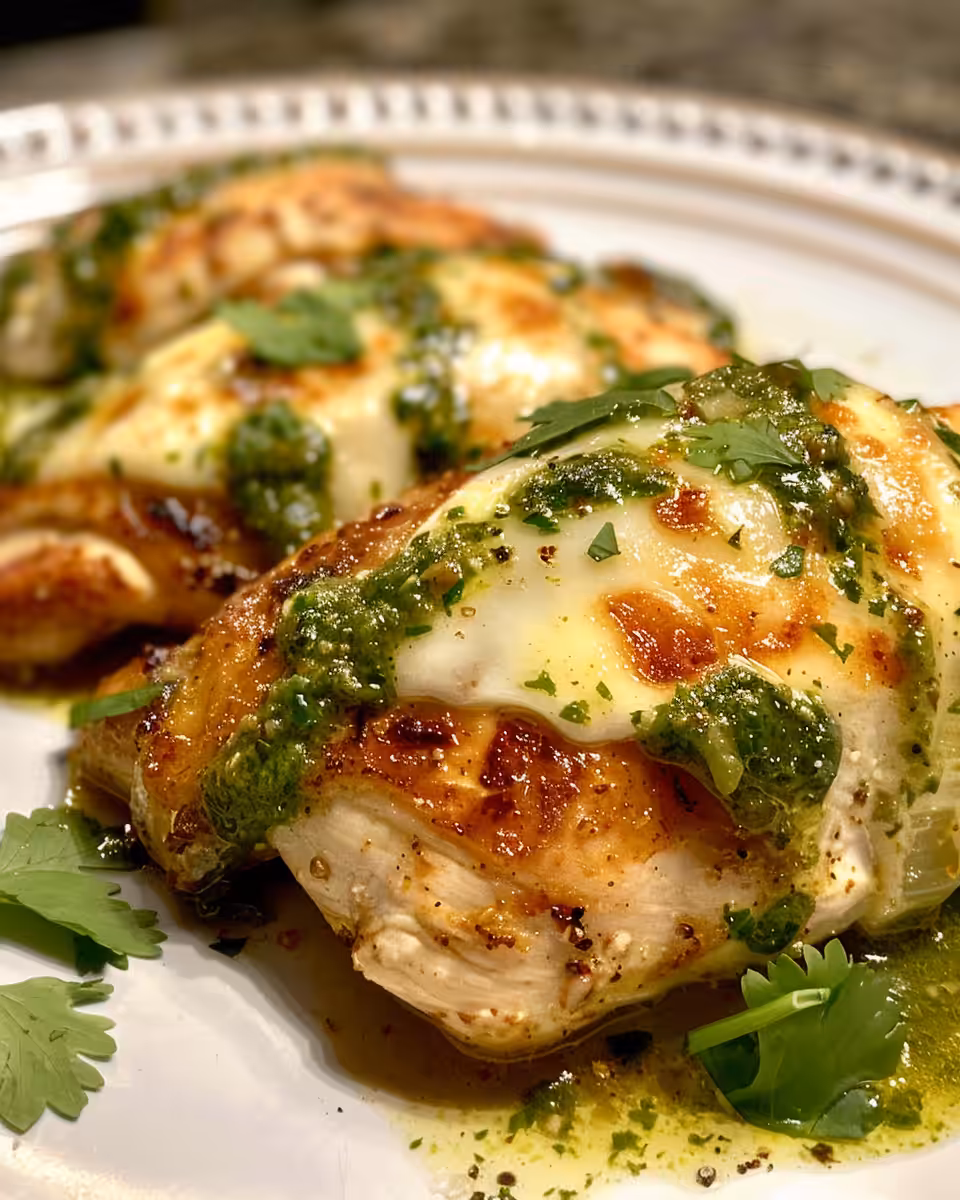 Final plated grilled salsa verde pepper jack chicken with lively toppings