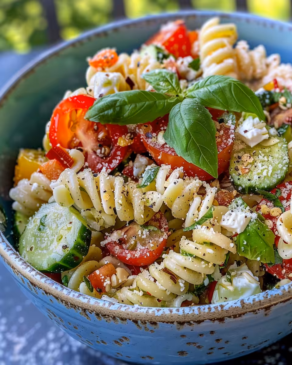 Final plated pressure cooker pasta salad served fresh with colorful herbs