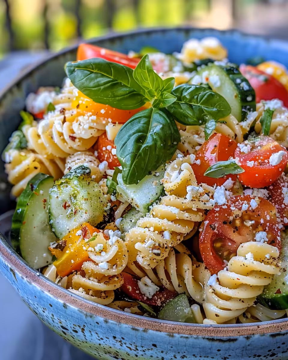 Freshly prepared pressure cooker pasta salad in a bowl, vibrant and colorful