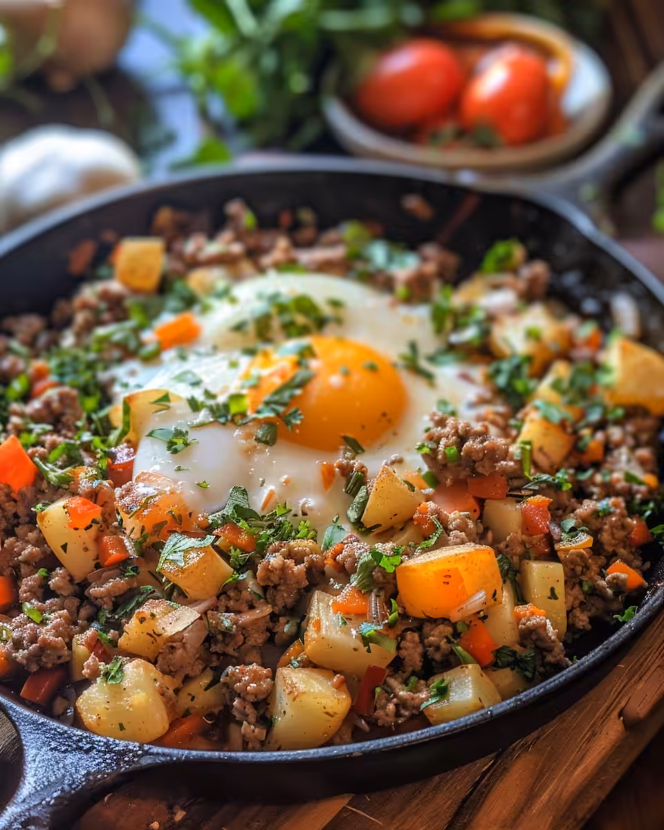 A bowl with sizzling ground beef potato hash in pressure cooker