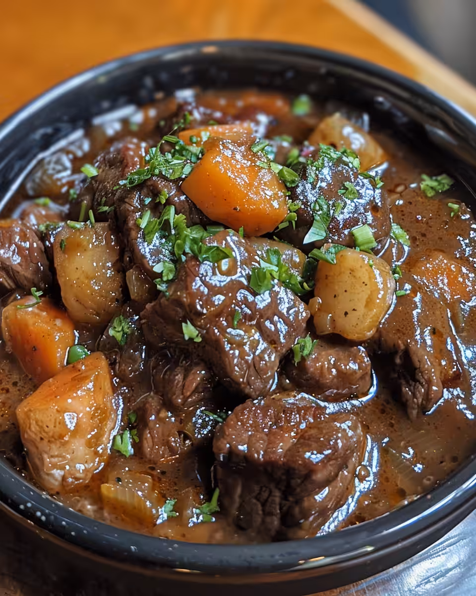 Bowl of finished Guinness beef stew garnished with fresh parsley