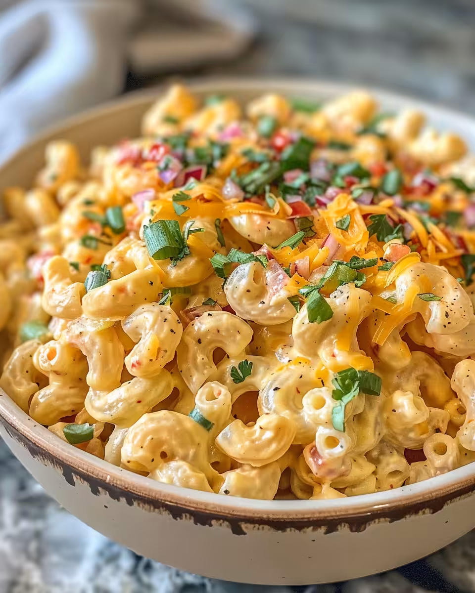 Key fresh ingredients for Guy Fieri 27s mac salad including veggies and mayo dressing