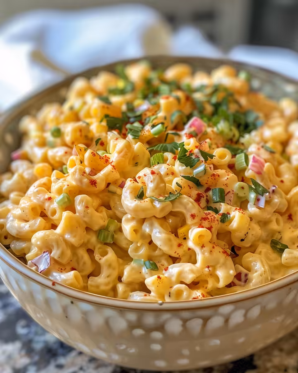 Final served Guy Fieri 27s mac salad with creamy texture and fresh veggies