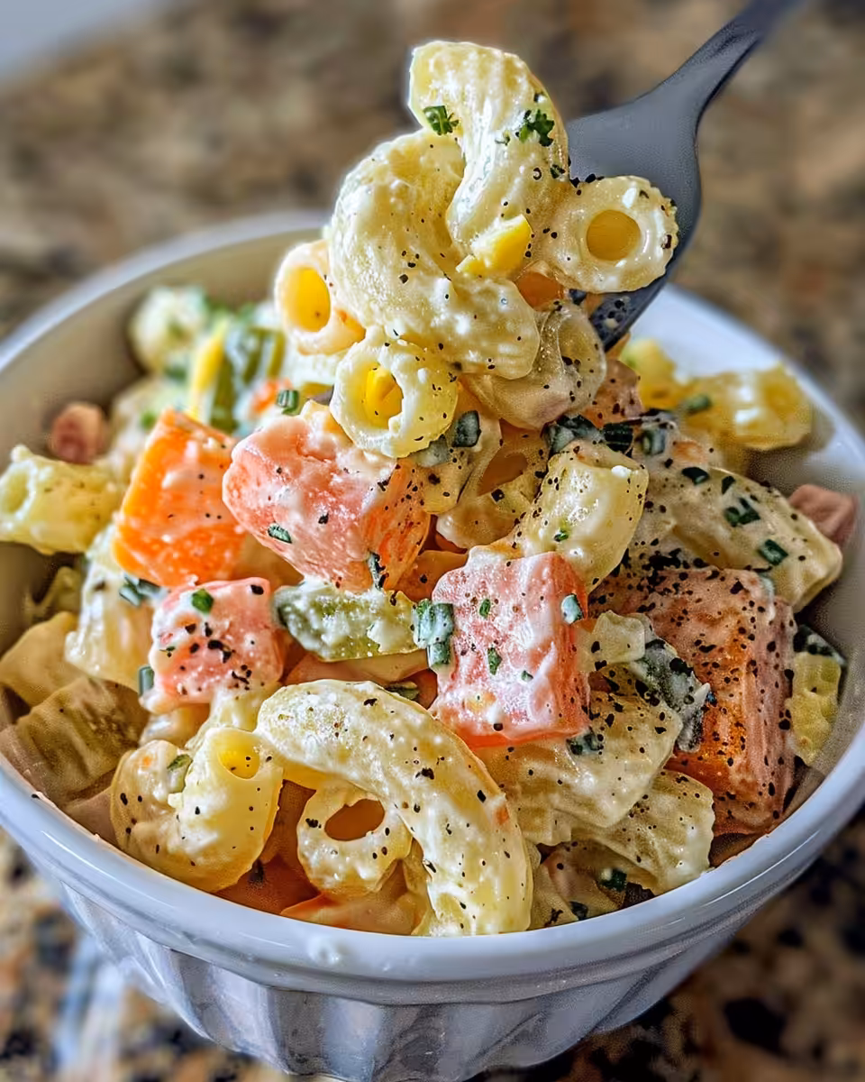 Creamy macaroni salad steaming fresh out of pressure cooker