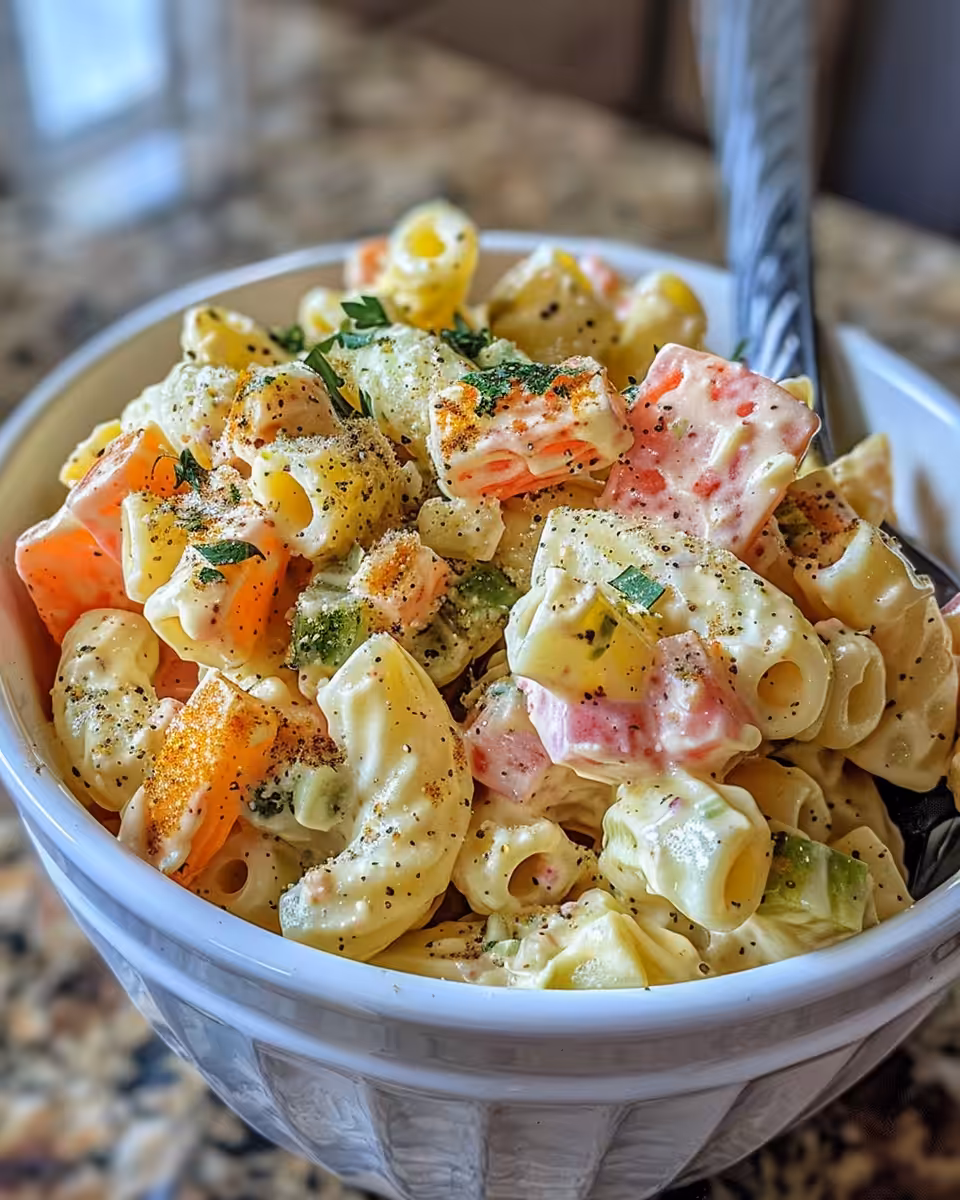 Fresh ingredients for creamy macaroni salad laid out
