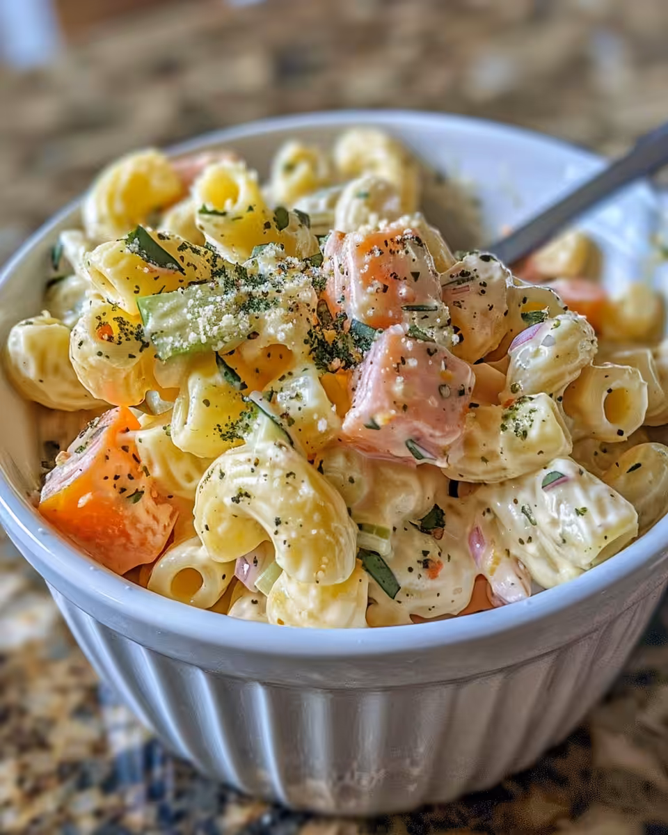 Final plated creamy macaroni salad with colorful veggies served