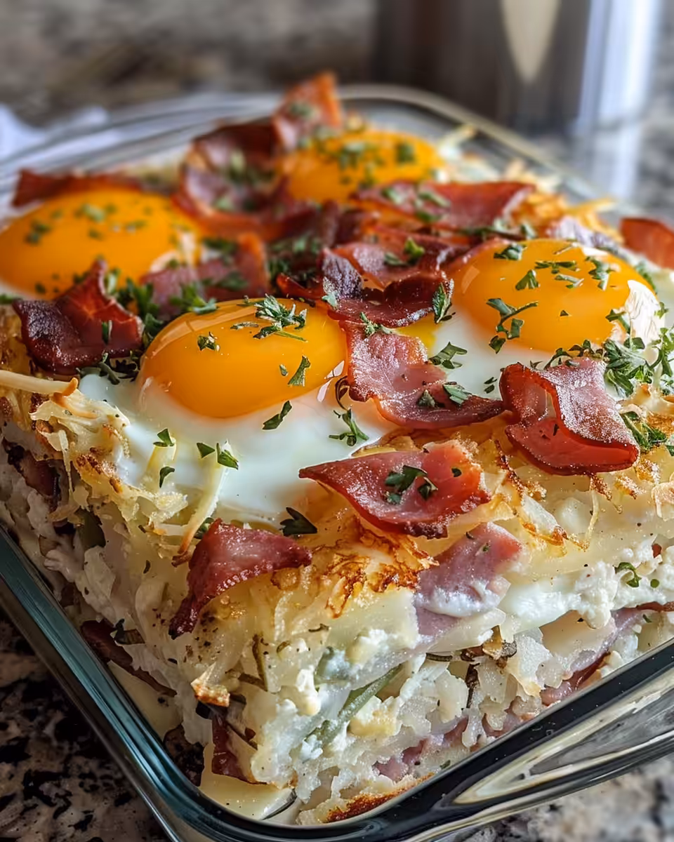 Ingredients for cheesy ham and hashbrown egg casserole