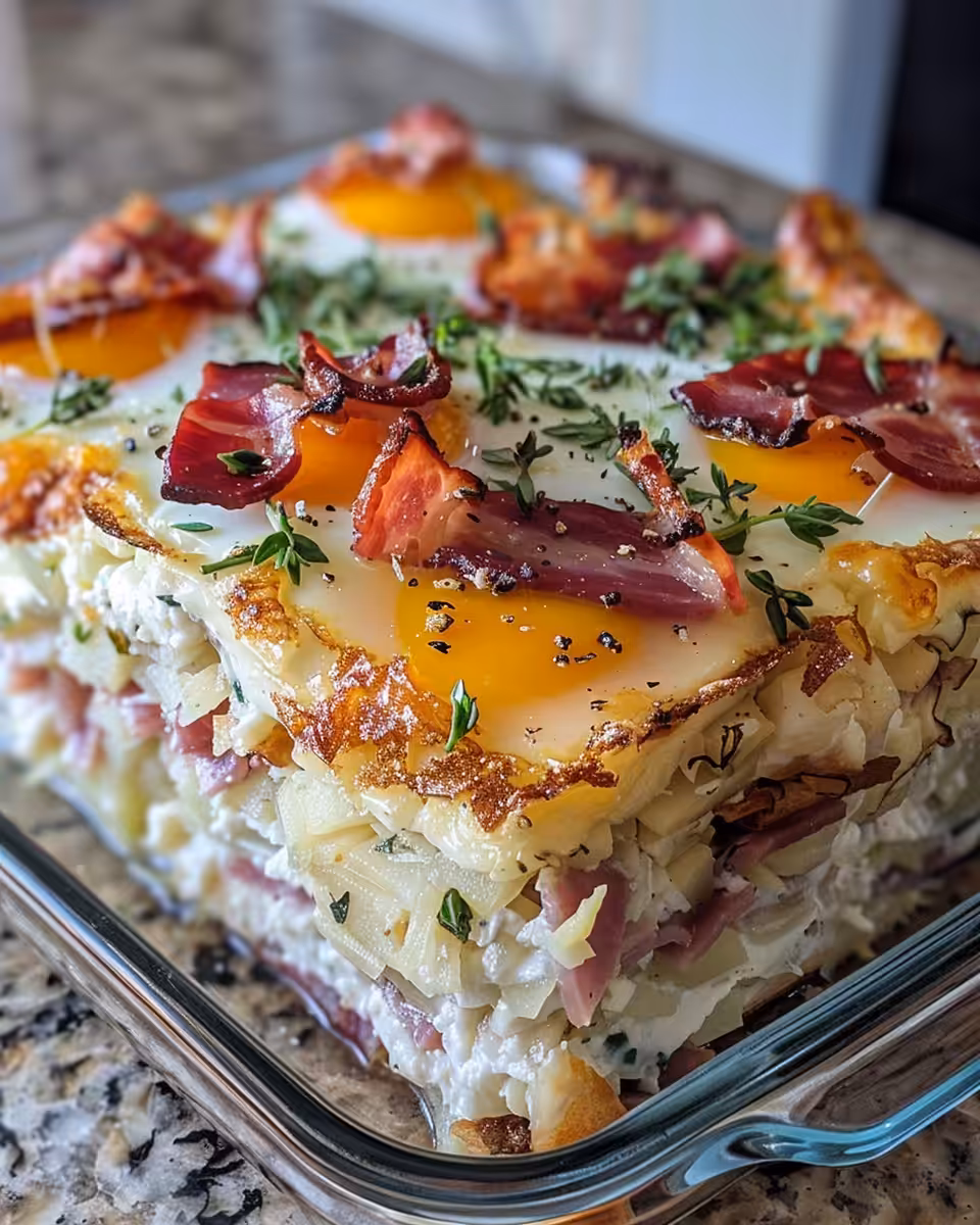 Cheesy ham and hashbrown egg casserole baked golden and bubbly