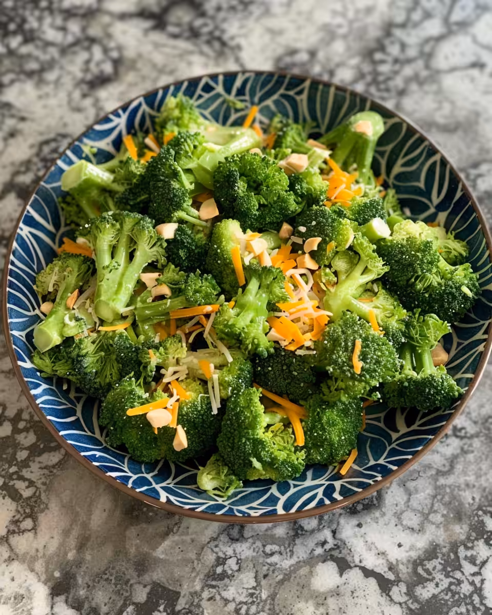 Serving of finished broccoli salad with creamy dressing on top