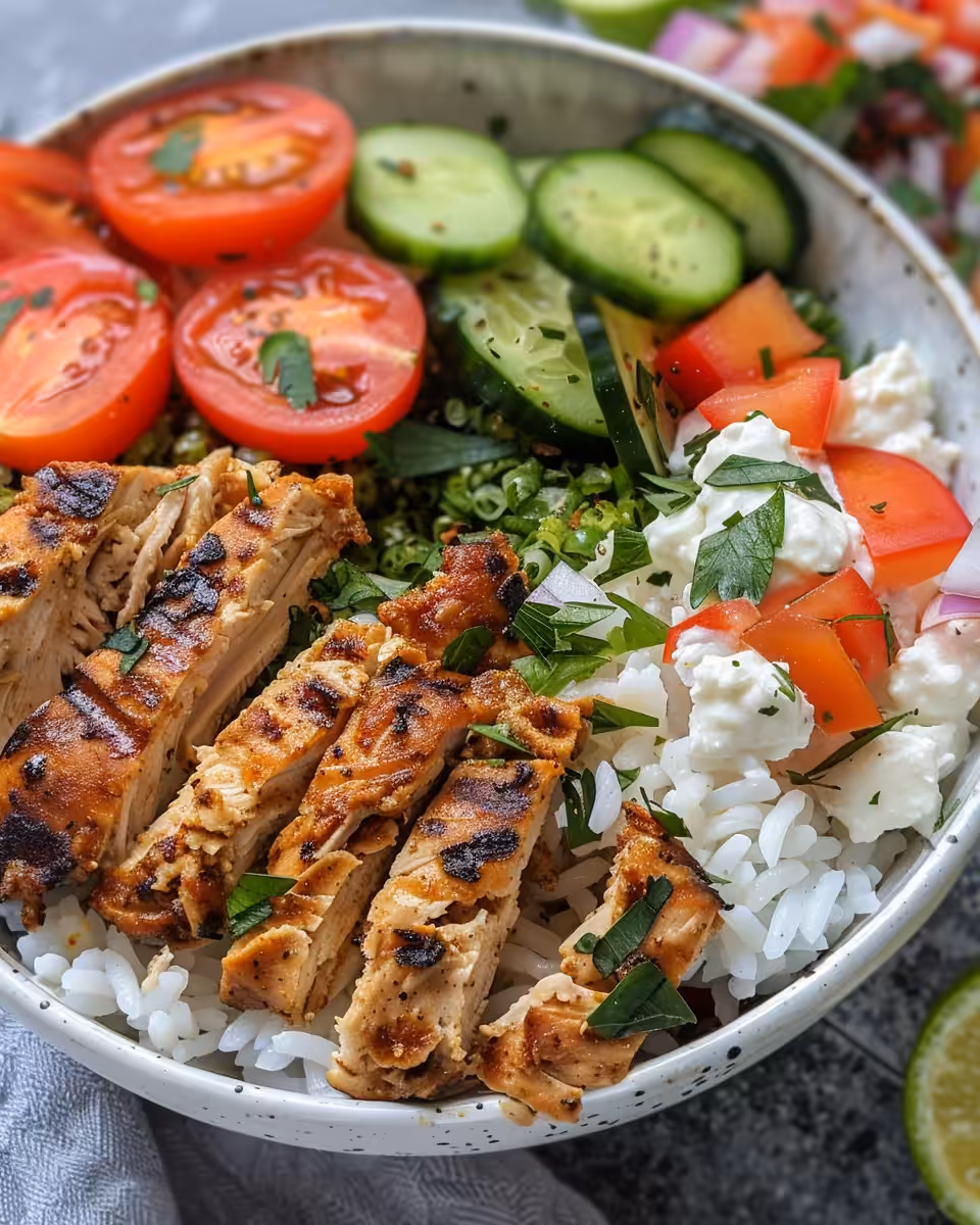Ingredients for chicken gyro bowl prepped and ready
