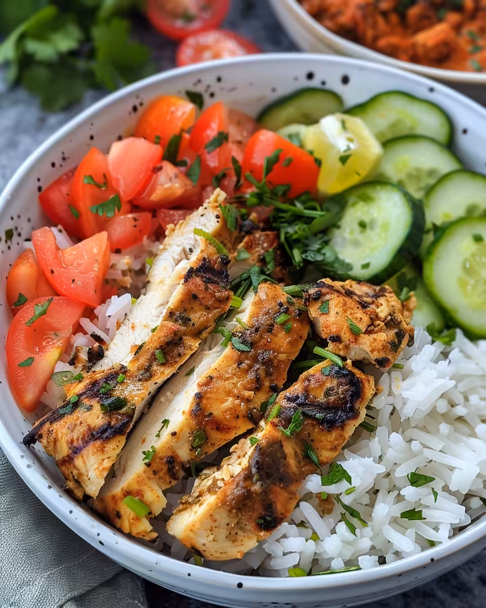 Finished chicken gyro bowl served fresh with toppings and herbs