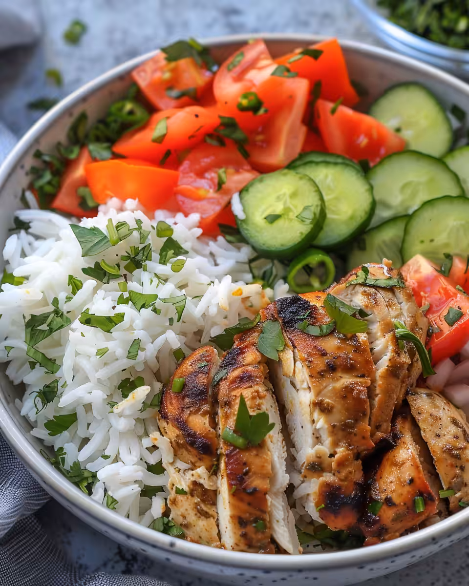 Pressure cooker chicken gyro bowl steaming fresh and ready to eat