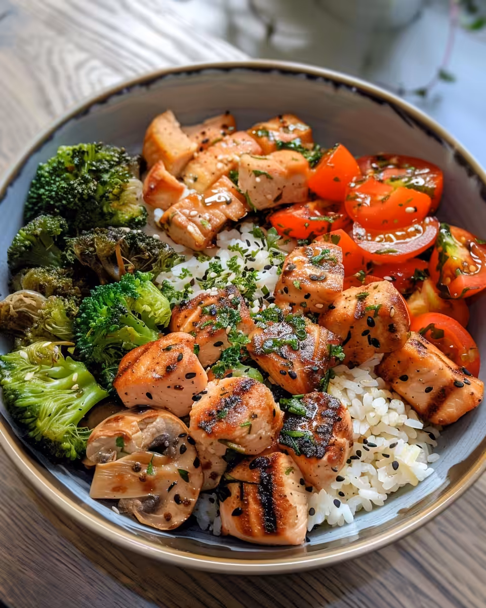 A plated high protein low carb meal with colorful cooked veggies and chicken