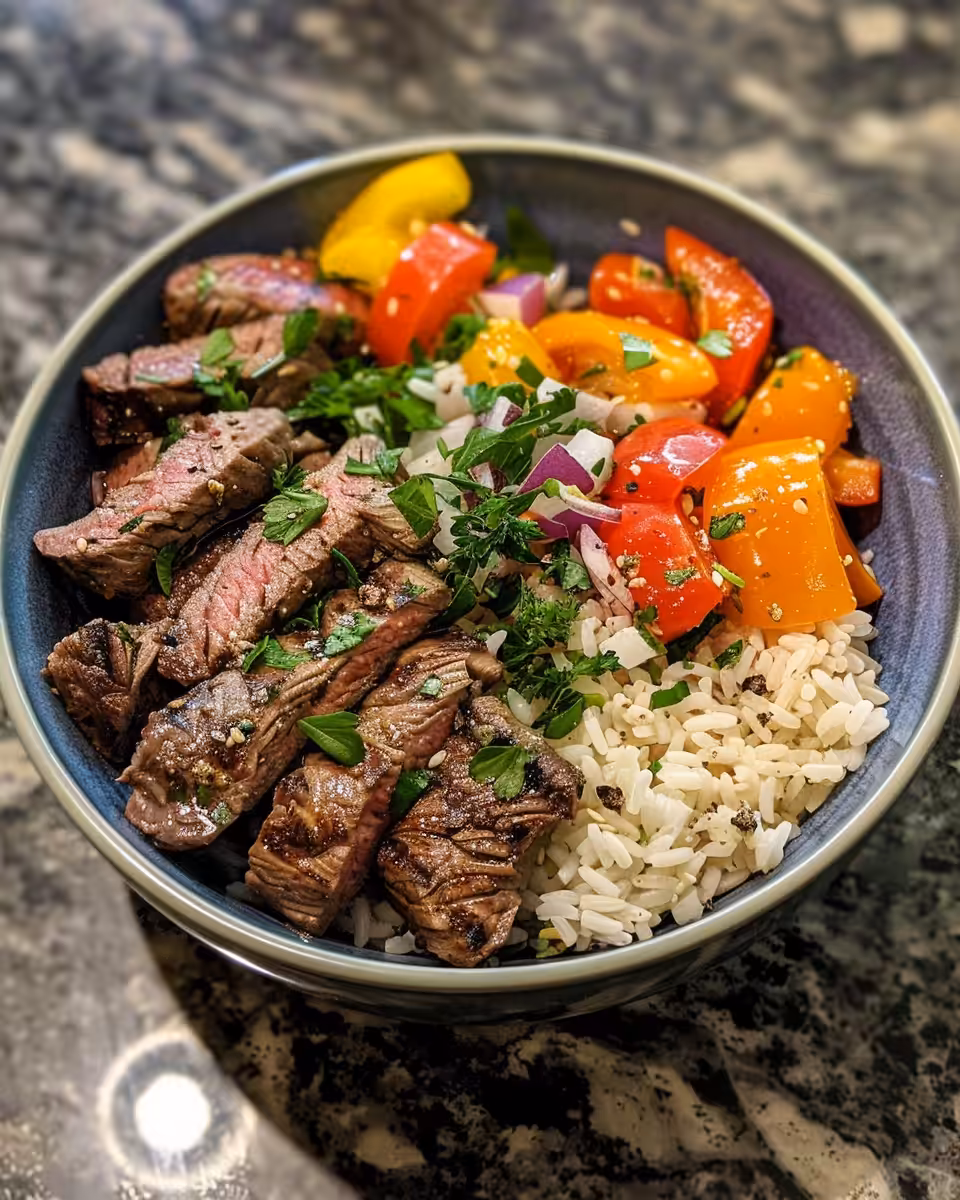 Ingredients laid out for Mediterranean steak bowl with flank steak and fresh vegetables