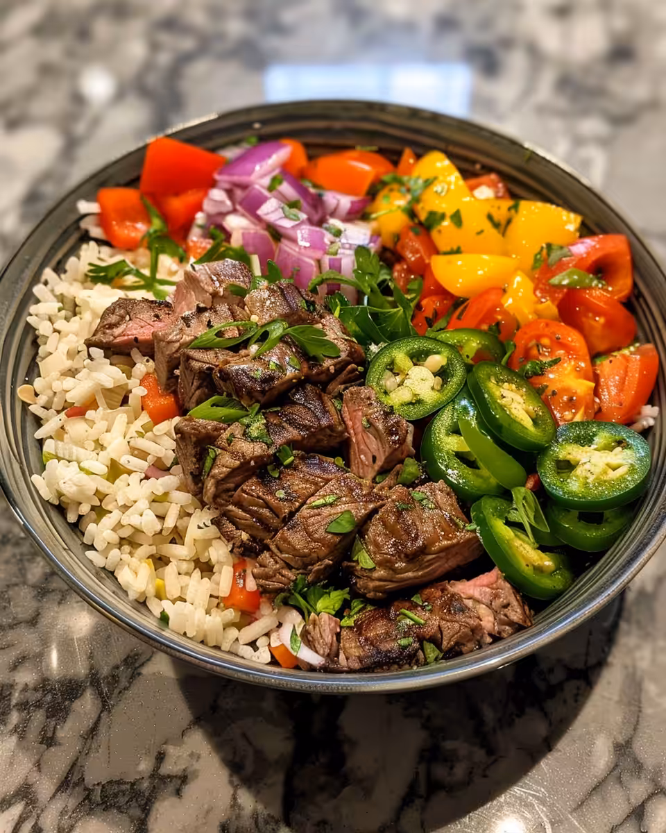 Assembled Mediterranean flank steak bowls ready to serve with fresh toppings