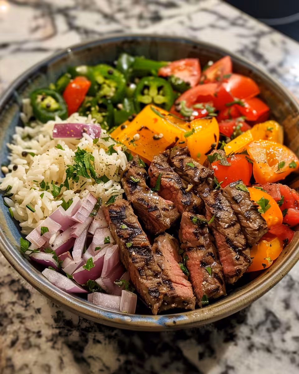 Mediterranean flank steak pressure cooker bowl fresh vibrant ingredients