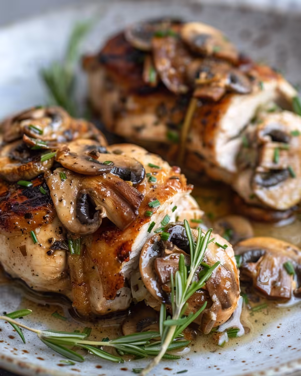 Final plated mushroom stuffed chicken breast with melted mozzarella and herbs