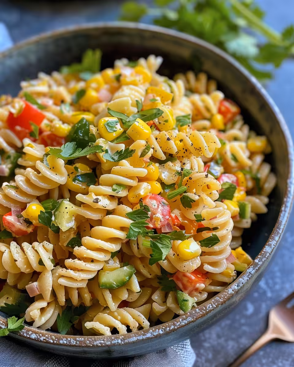 Colorful ingredients for street corn pasta salad including shredded chicken and fresh herbs