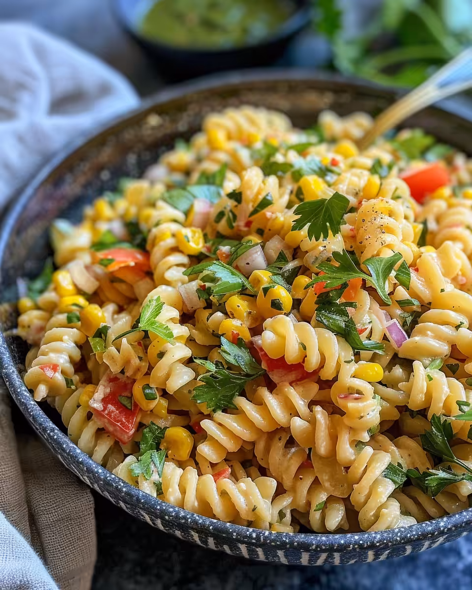 Served street corn pasta salad with shredded chicken and sprinkled cotija cheese ready to enjoy