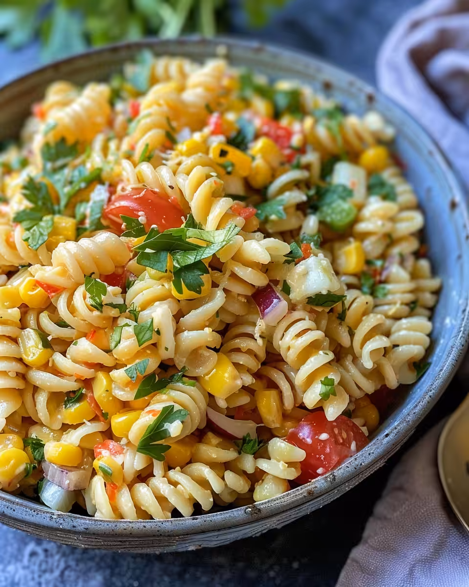 Fresh and vibrant street corn pasta salad in a bowl with creamy dressing
