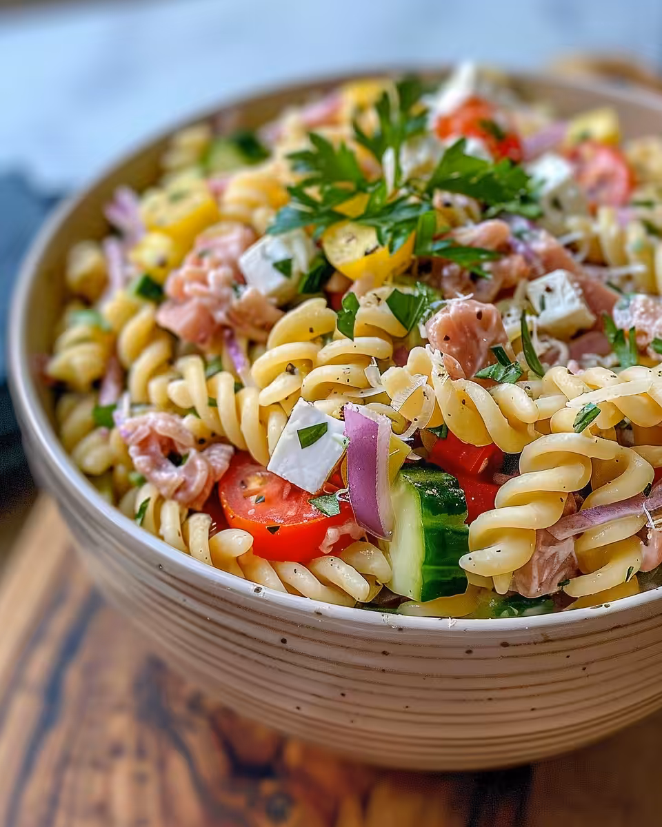Ingredients for Italian pasta salad with olive oil, vinegar, dried oregano and garlic