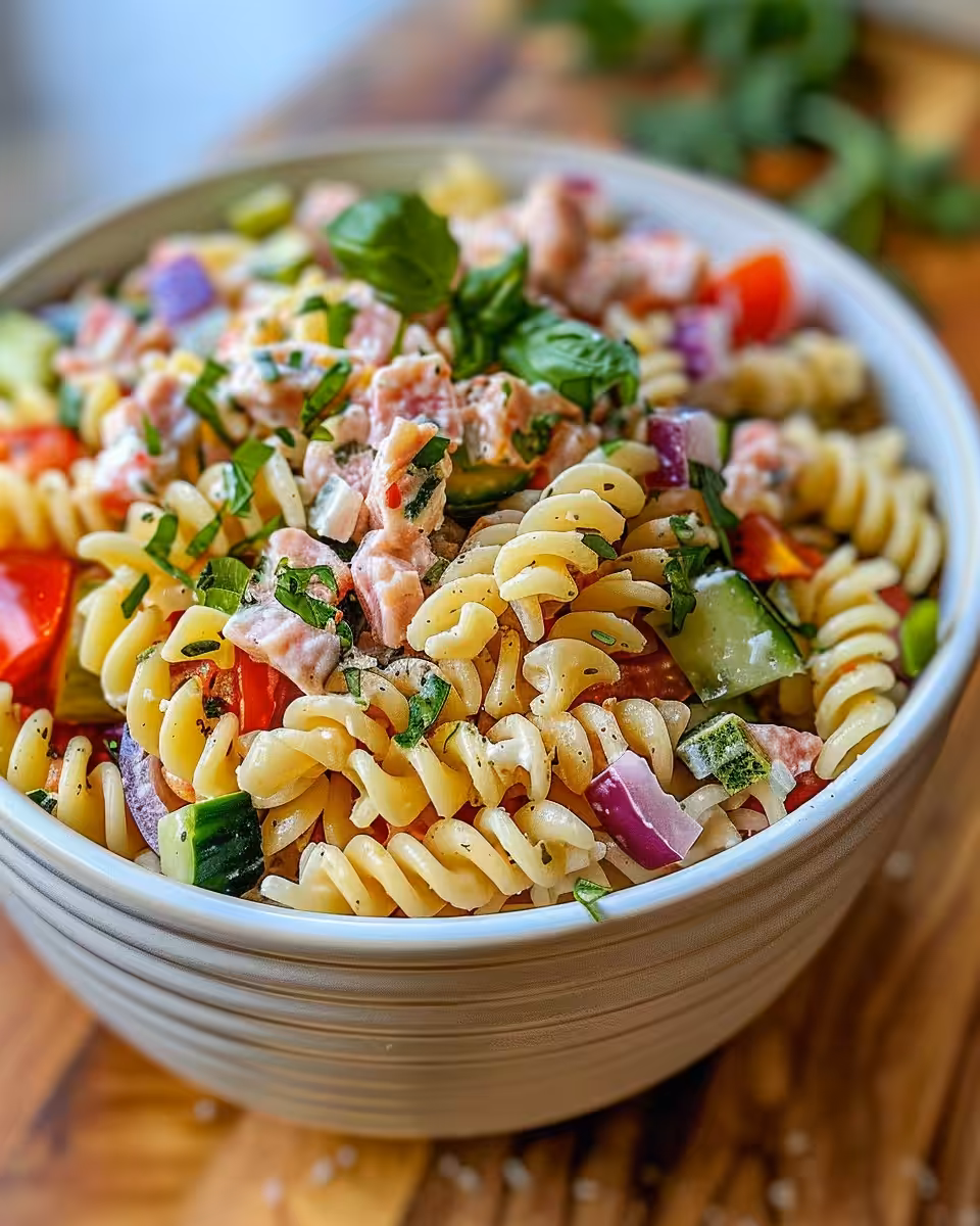 Final Italian pasta salad served in bowl with fresh herbs and toppings