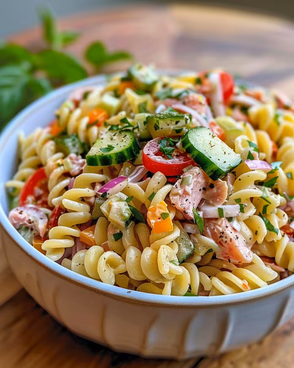 Close up of hearty Italian grinder pasta salad with fresh ingredients