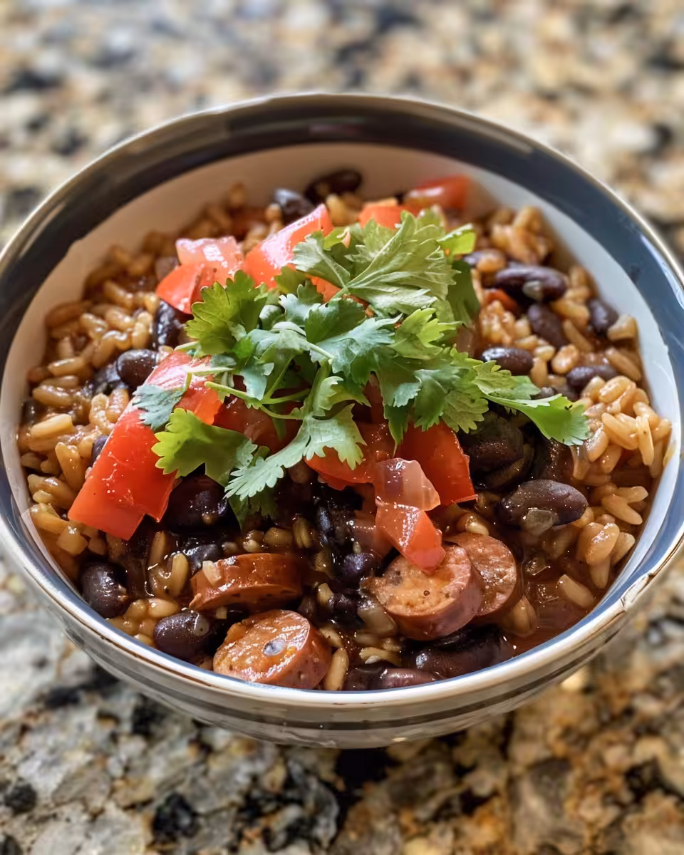 Ingredients for black beans and rice dish laid out on a wooden surface