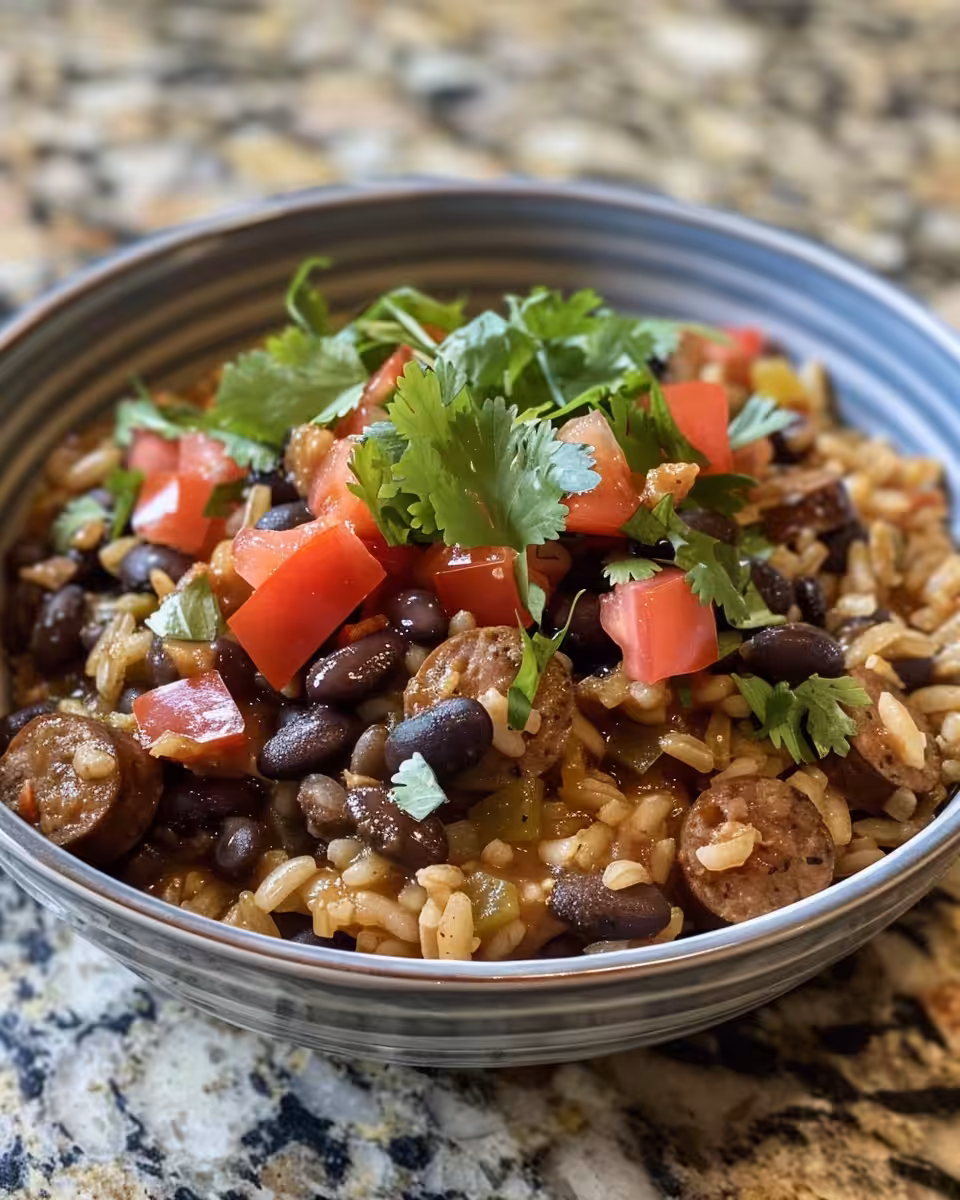 Final serving of black beans and rice with smoked sausage on a plate