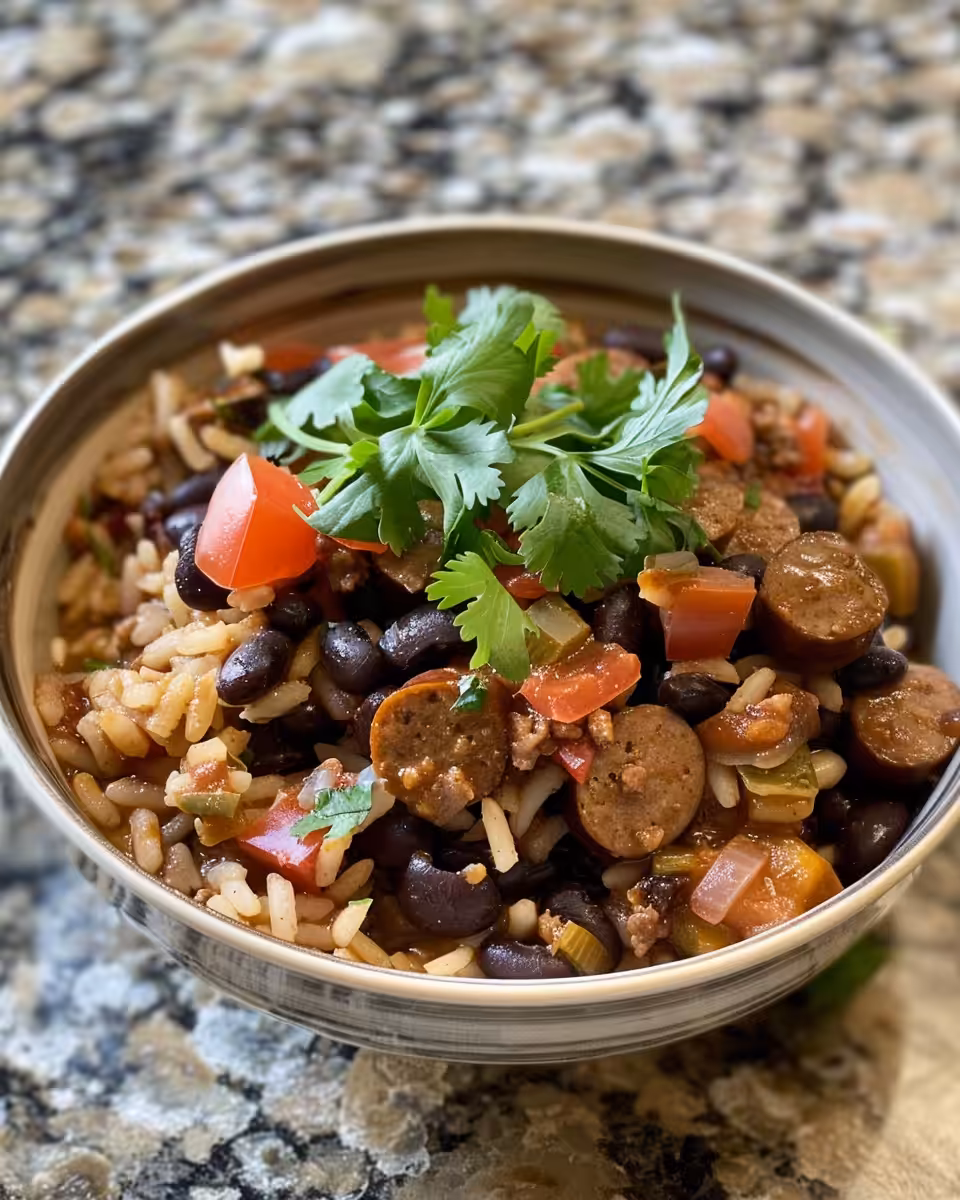 Steam rising from pressure cooker with sausage and rice inside