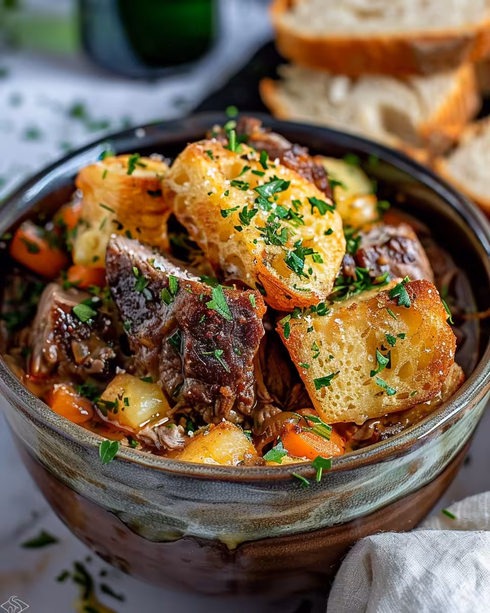 Final plated Dublin Coddle with tender sausages and potatoes in rich broth