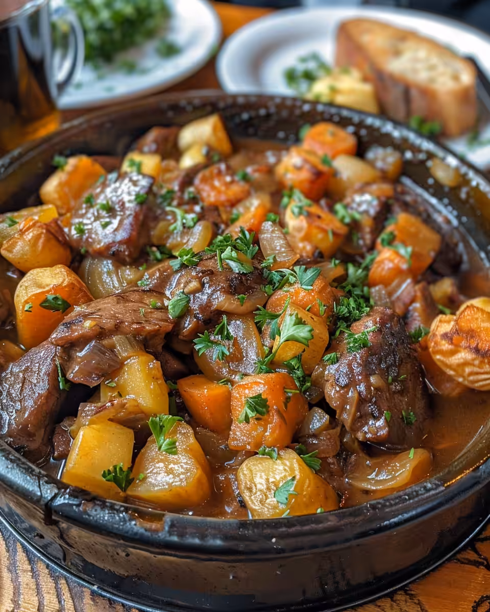 Steaming bowl of finished hearty Dublin coddle served with fresh parsley garnish