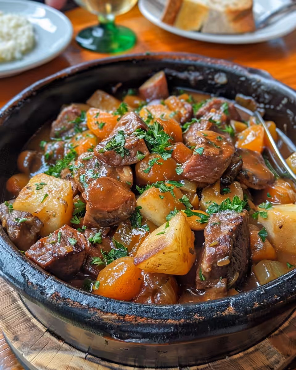 A steaming pot of hearty Dublin coddle with sausages and potatoes