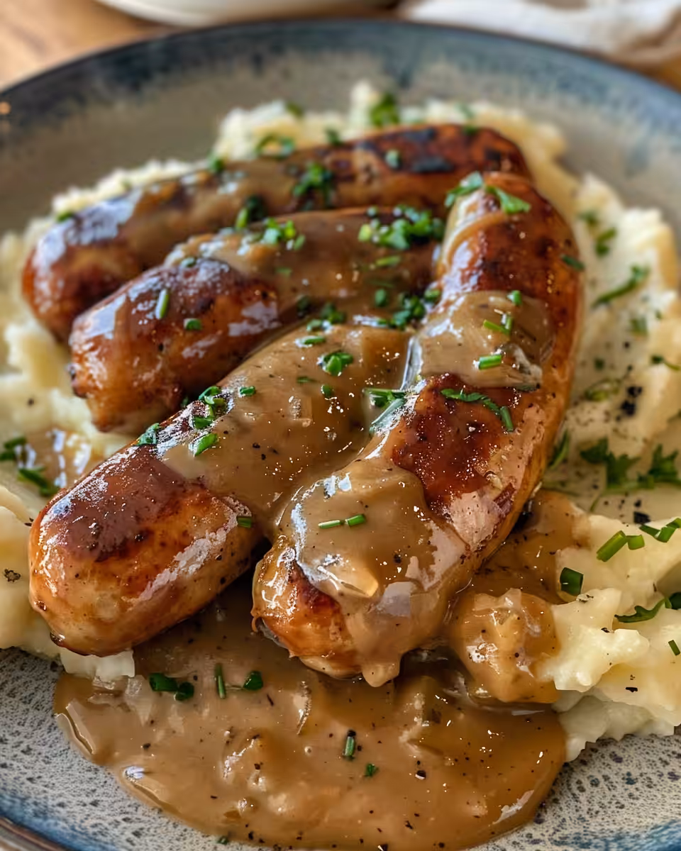 Final plated hearty Irish bangers and mash with Guinness onion gravy ready to serve