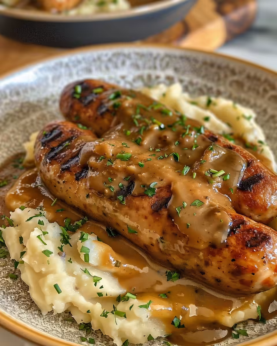 Hearty Irish bangers and mash with Guinness gravy in a pot