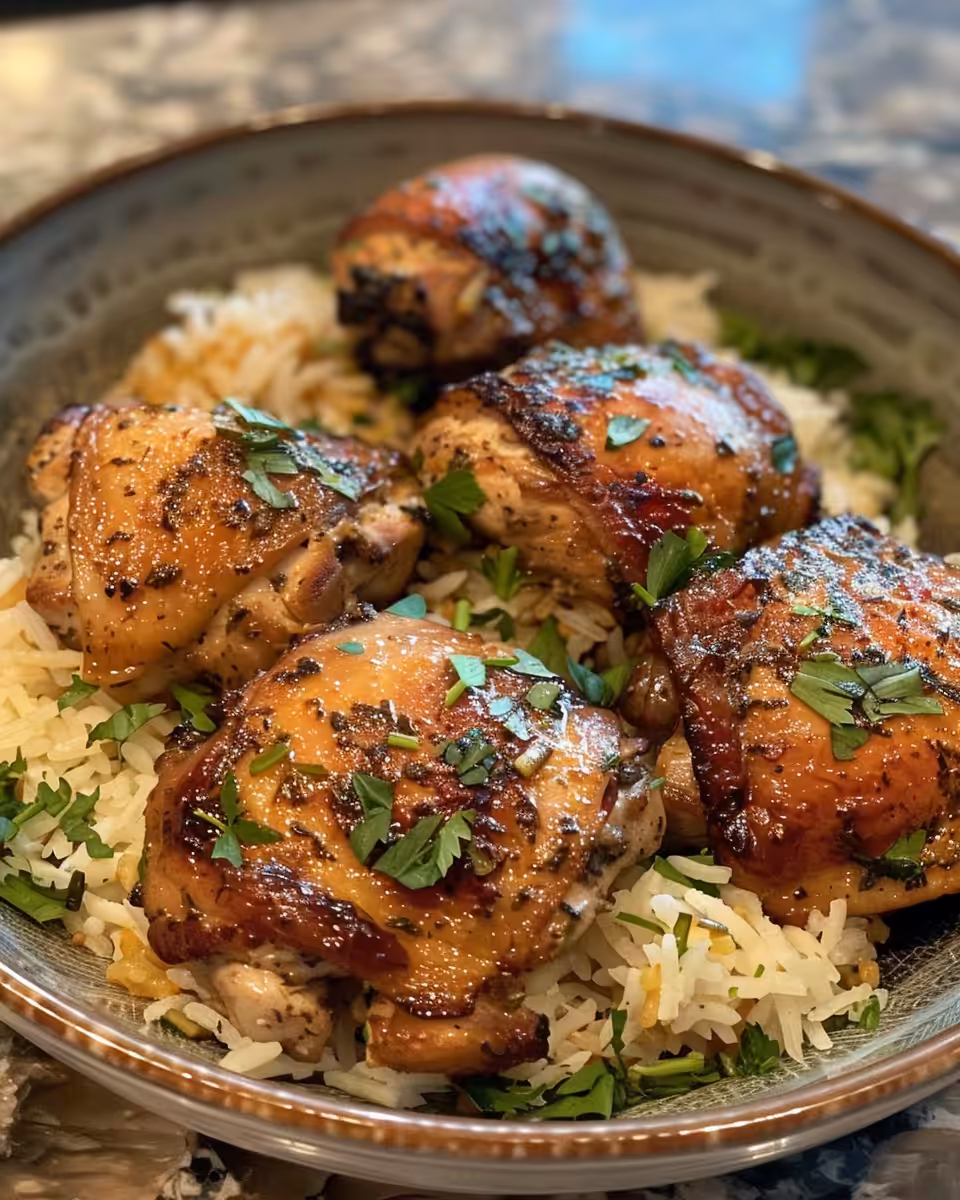 Served herb chicken thighs and lemon rice plated for eating