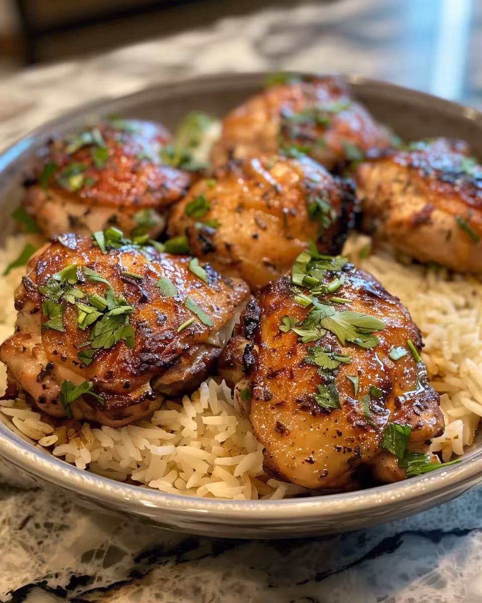 Close up of herb-seasoned chicken thighs and rice in pressure cooker
