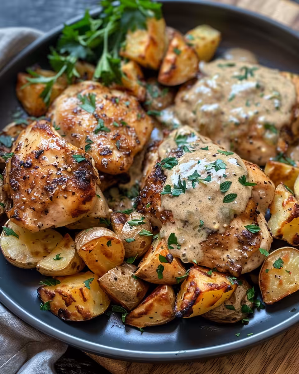 Ingredients for creamy garlic chicken with paprika seasoned potatoes arranged