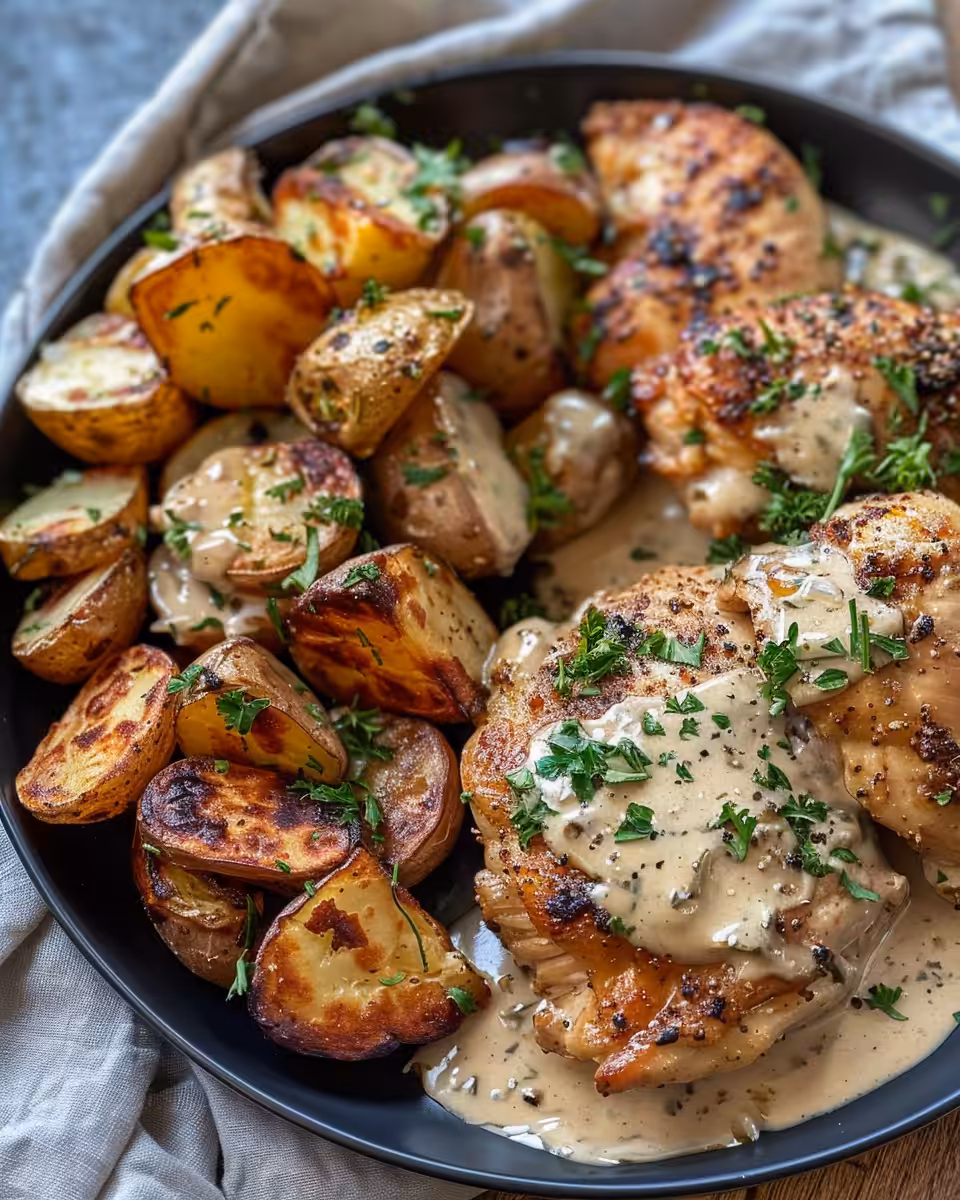Finished creamy garlic chicken and crispy potatoes topped with mozzarella in oven