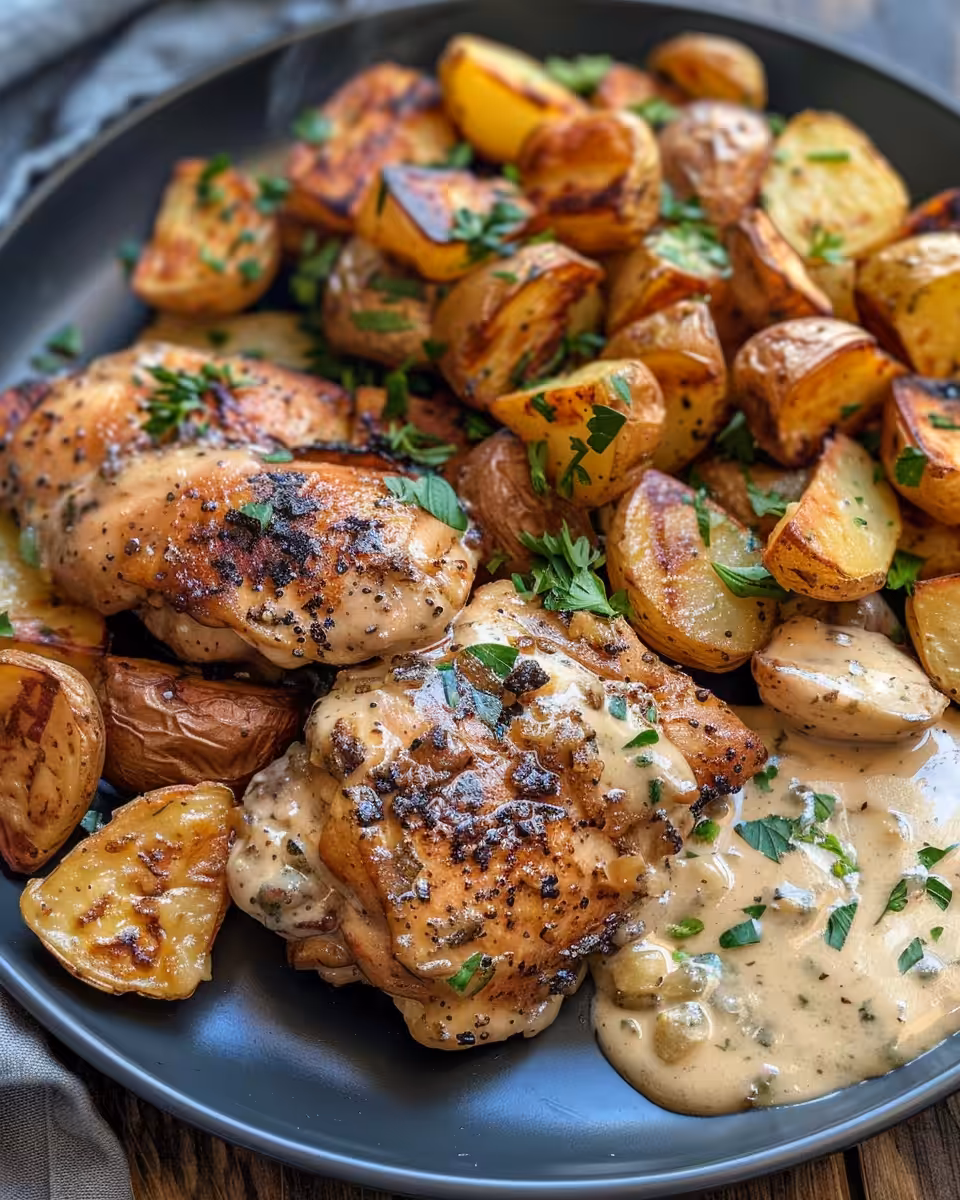 Creamy garlic chicken and crispy potatoes cooking in pot with garlic aroma