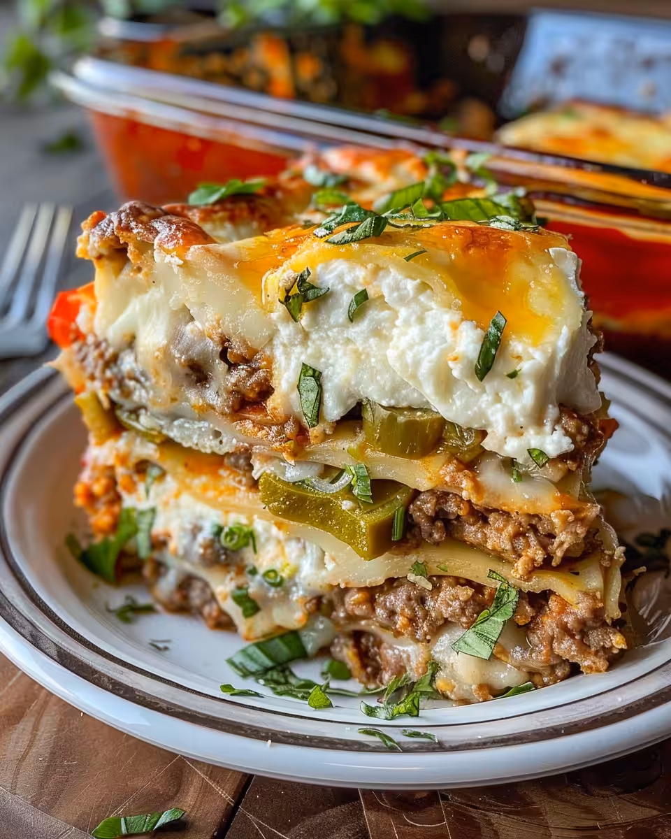 Golden baked Philly cheesesteak casserole with melted cheese topping