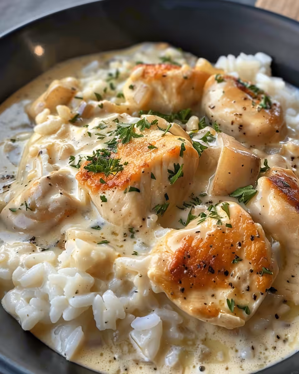 Served creamy smothered chicken with flavorful gravy on plate