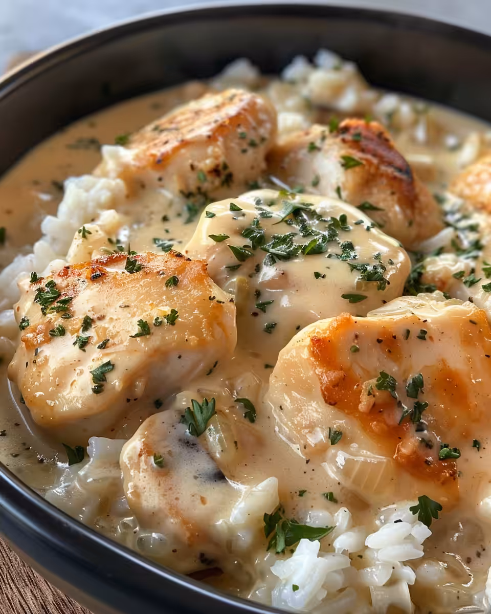 Homemade creamy smothered chicken cooking inside pressure cooker