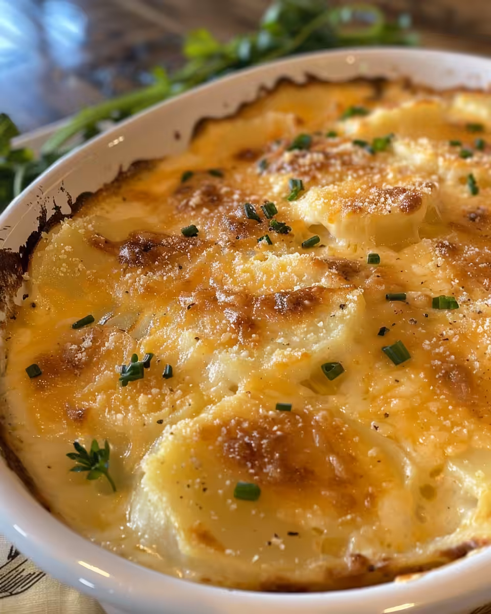 Finished scalloped potatoes with golden bubbly cheese topping