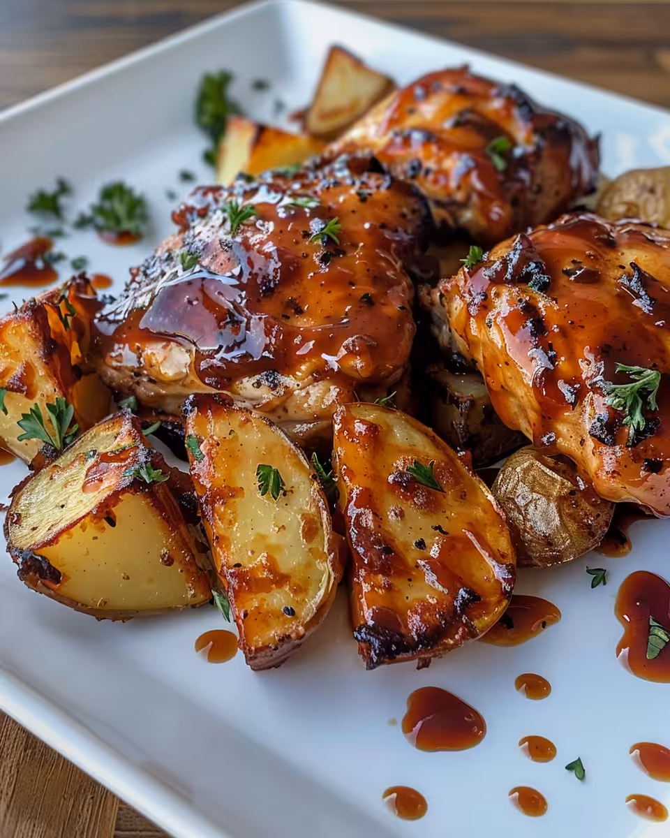 Final plated Honey BBQ chicken and potatoes served with melted cheese and green onions