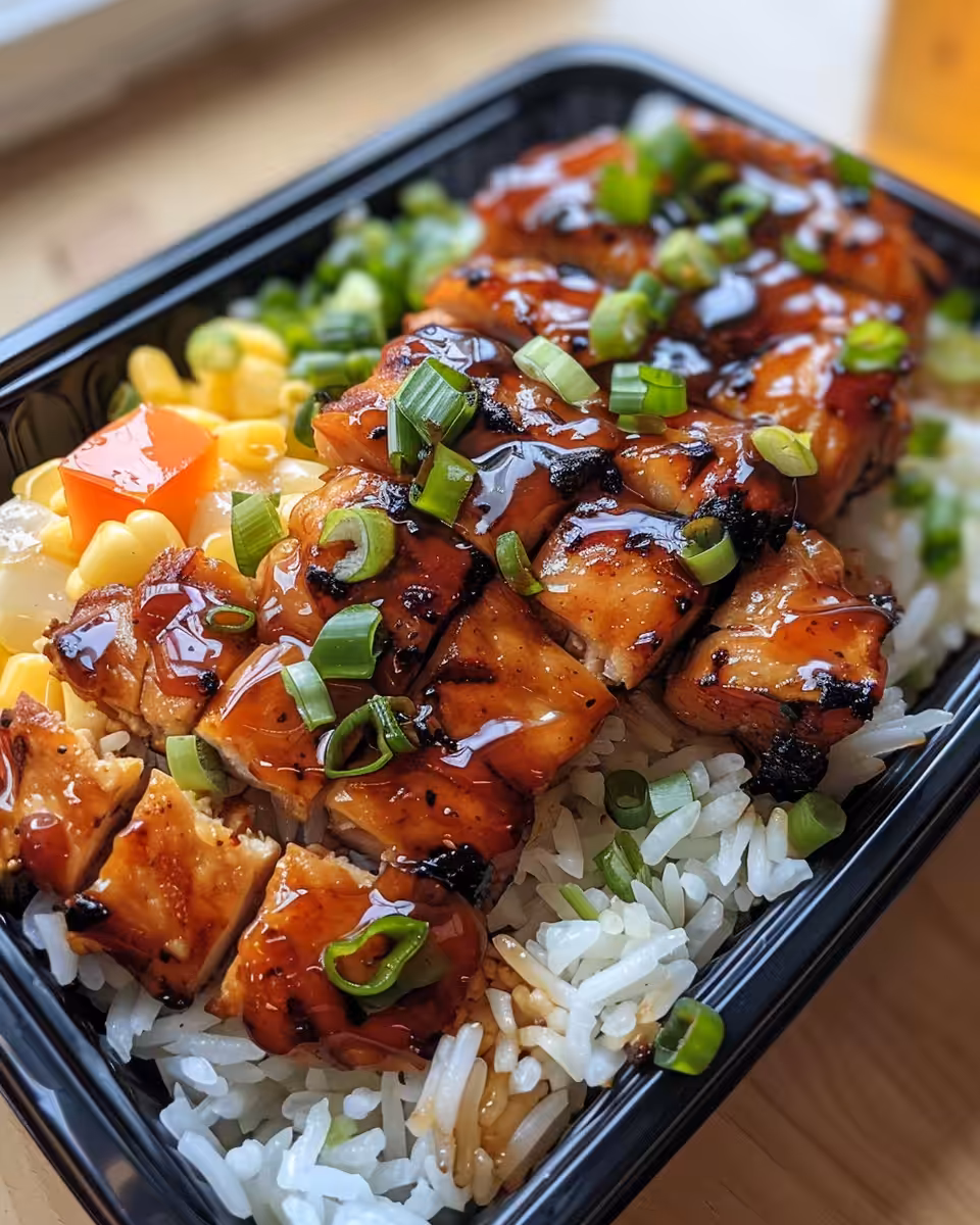 Ingredients for honey BBQ chicken rice bowl including corn, black beans, lettuce, and cheese