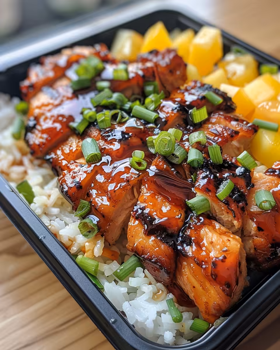 Final honey BBQ chicken rice bowl served with fresh toppings and drizzle